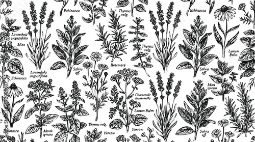 Photos Botanical various culinary and medicinal herbs with scientific names against a w