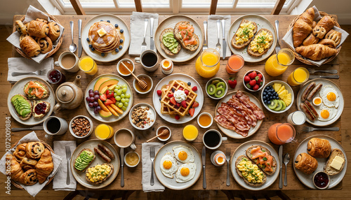 Top view of a table fully covered with assorted breakfast foods including pastries eggs fruits and beverages creating a colorful dining background suitable for hospitality concepts.