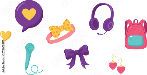 Photos Cute kpop girl idol accessories set with purple headphones microphone backpack a