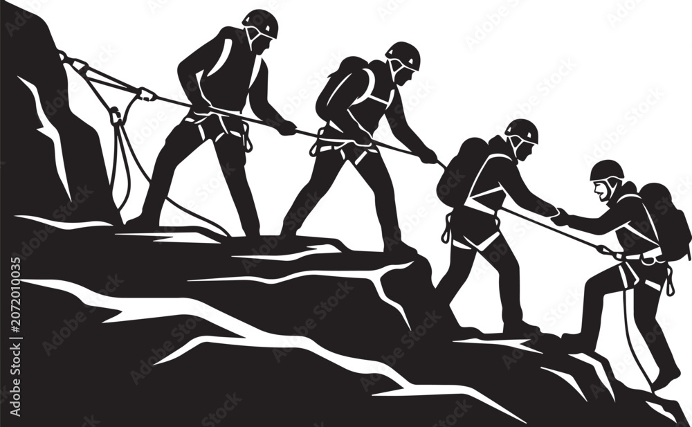 Obraz premium Black silhouette style illustration of four hikers climbing mountain with ropes isolated on white background for teamwork design