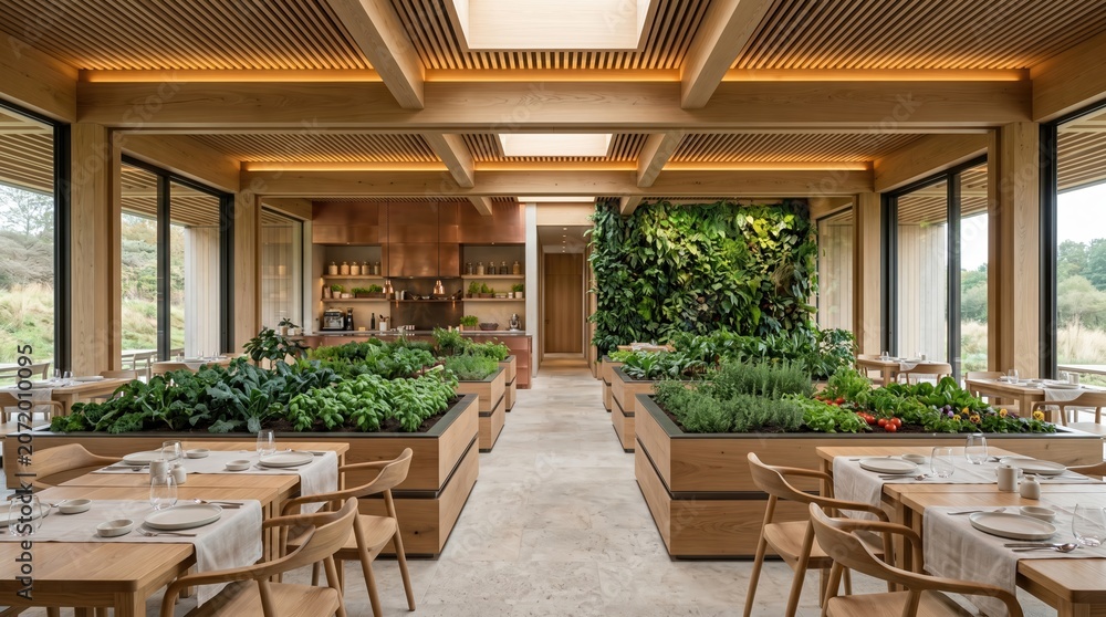 Fototapeta premium Modern Restaurant Interior with Lush Greenery and Wooden Accents 1.