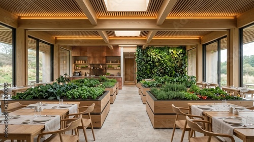 Modern Restaurant Interior with Lush Greenery and Wooden Accents 1.