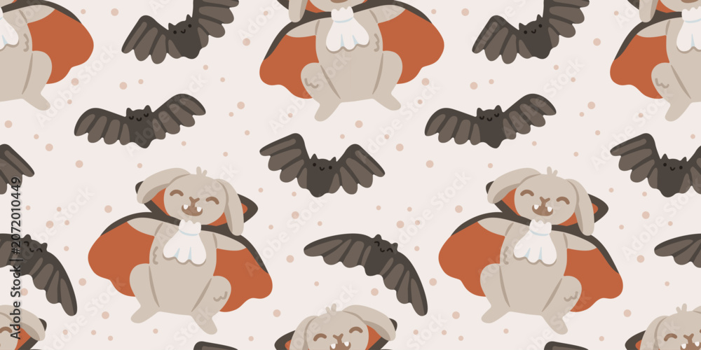 Obraz premium Seamless Halloween pattern with cute vampire bunny and flying bats. Adorable animal characters for fabric, textile, nursery and seasonal designs. Flat vector illustration.