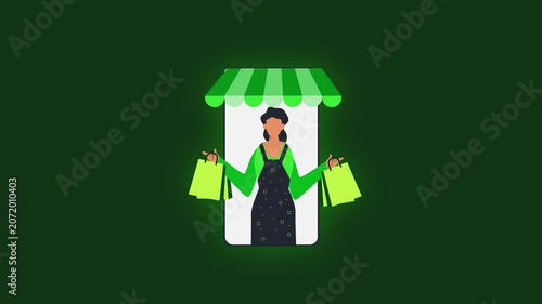 Small Business Owner with Shopping Bags. A stylized illustration of a woman with shopping bags in front of a shop stall.