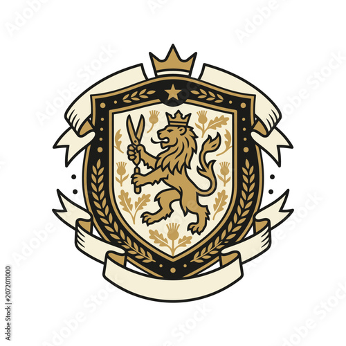 Royal lion shield with crown and banners.