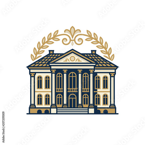 Neoclassical building facade with gold laurel wreath frame.