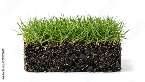 Side view sample of fresh green grass turf with roots and soil layer
