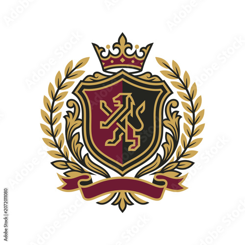 Lion shield emblem with crown and laurel wreath.