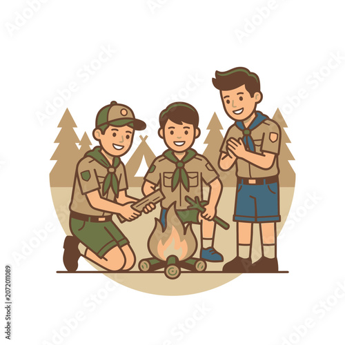 Young scouts lighting a small campfire together.