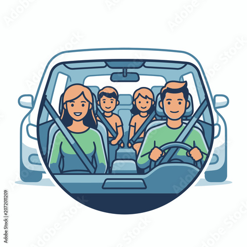 Family of four wearing seatbelts in a car.