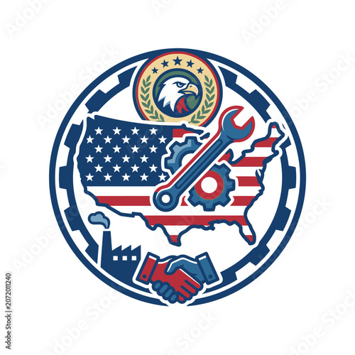 Patriotic American manufacturing and labor union emblem seal.