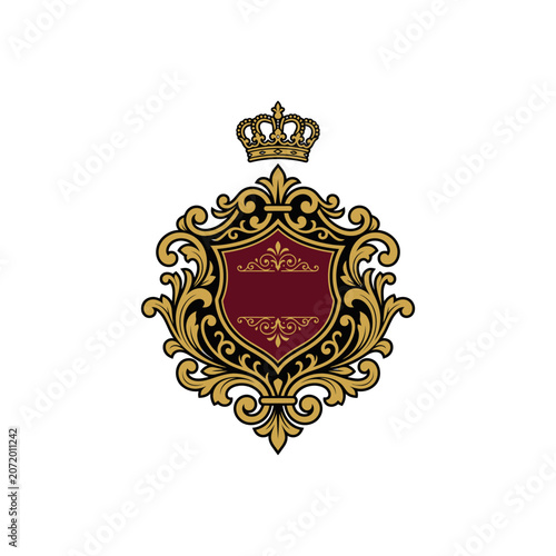 Ornate gold heraldic crest with royal crown.