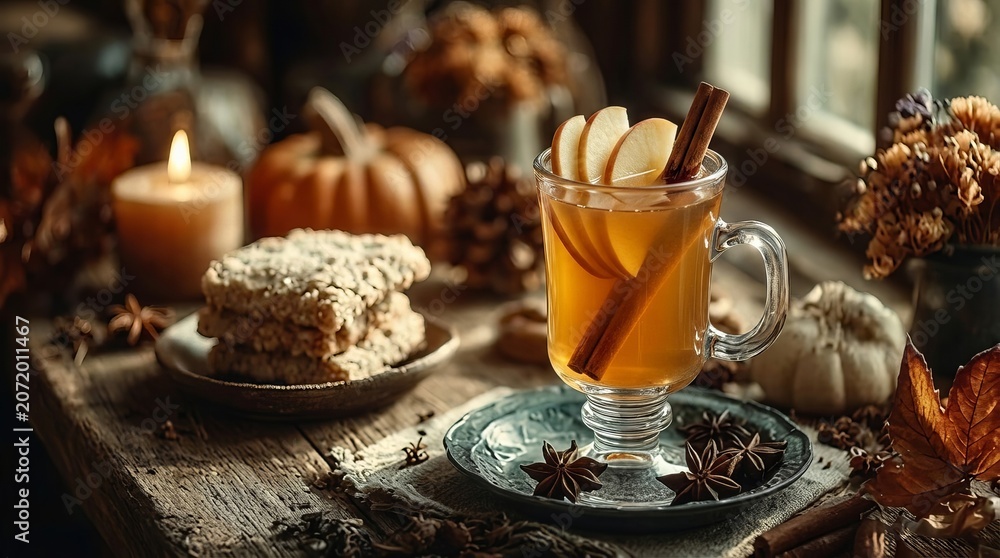 Fototapeta premium Cozy autumn evening with hot spiced drink and seasonal harvest decor.
