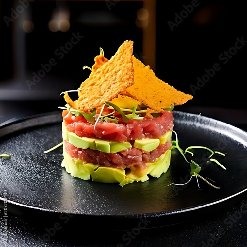 Colorful layered cake slice on white plate with fork.