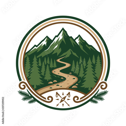 Scenic mountain and forest path circular badge.