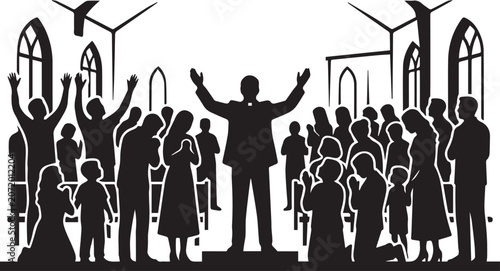 Silhouette of joyful diverse church congregation with pastor and kids in Gothic windows background, white isolated backdrop