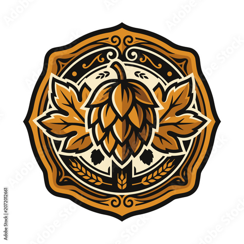 Ornate hops cone emblem for craft brewery branding.