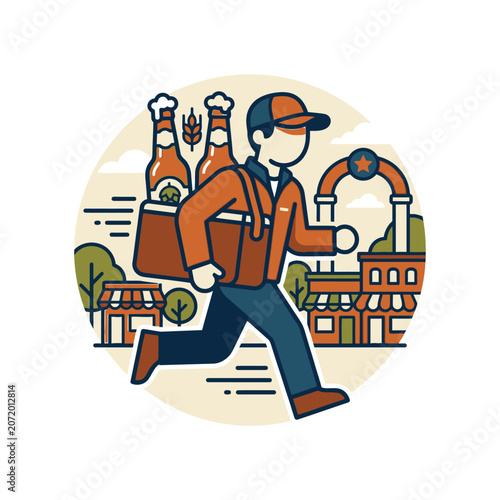 Delivery person running through town with cargo bag.