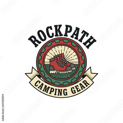 Rockpath Camping Gear hiking boots and gear-shaped emblem badge.