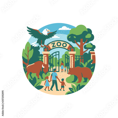 Colorful zoo entrance illustration with animals and family.