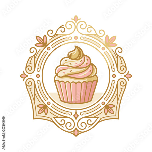 Pastel cupcake in ornate gold frame.