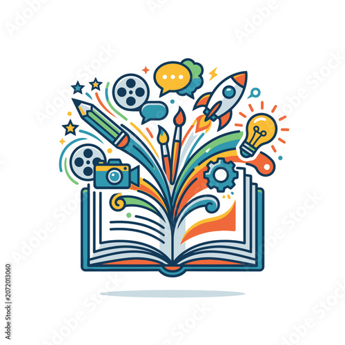 Open book exploding with multimedia and technology symbols.