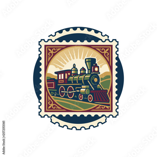 Vintage steam locomotive postage stamp illustration.
