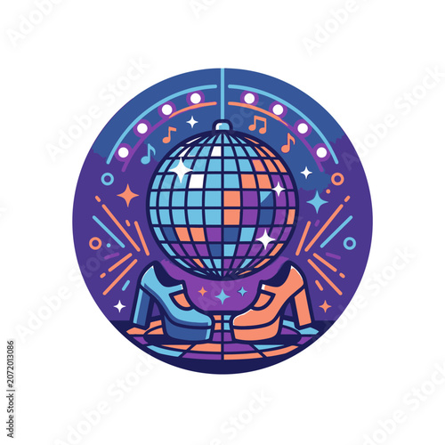 Retro disco ball and platform shoes circular illustration.