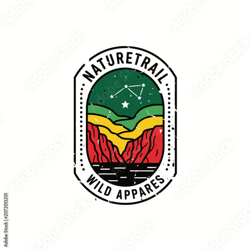 Vertical canyon landscape nature trail apparel emblem.