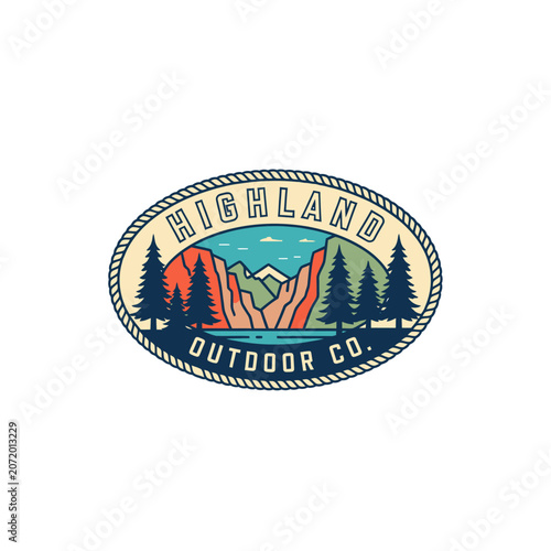 Horizontal highland outdoor company canyon emblem logo.