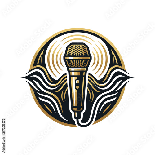 Vintage microphone logo inside circular wavy frame.
