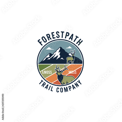 Forestpath trail company badge with deer and mountains.
