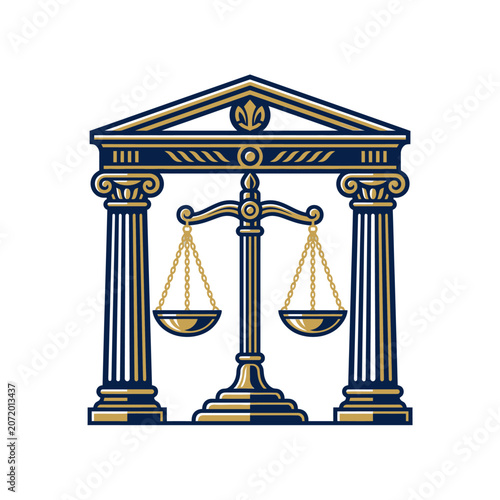 Scales of justice between classical architectural columns.