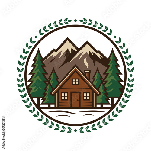 Log cabin in pine forest with mountain background.