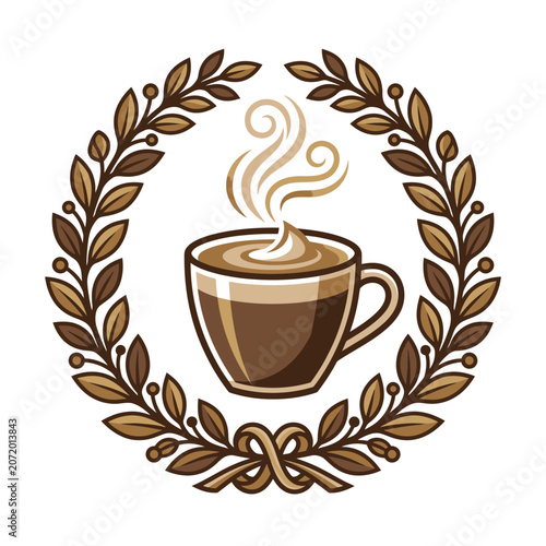 Simple coffee cup emblem with circular laurel wreath.