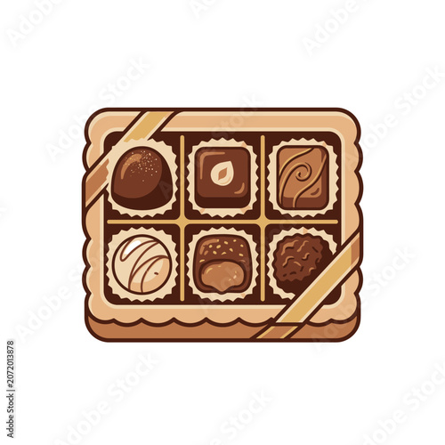 Top view of six assorted chocolates in box.