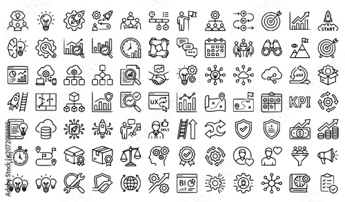 Creative Business Solutions and Innovation Team Management Editable Stroke Outline Icons Vector Set