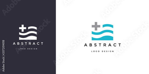 Medical logo design featuring a minimalist plus sign integrated with blue wavy lines in a professional vector illustration style suitable for modern healthcare branding corporate identity.
