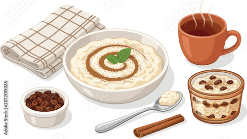 Photos Traditional Arroz con Leche Rice Pudding Breakfast Set Vector Illustration with