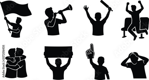 Foto Sports fan silhouette set featuring cheering supporters with flags, banners, and