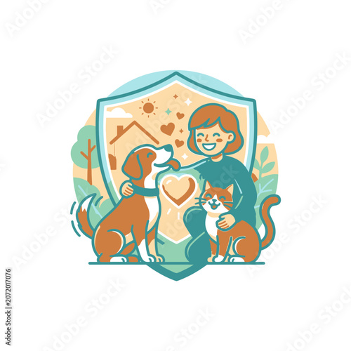 Woman with dog and cat inside protective shield.