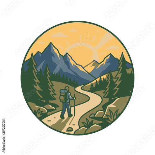 Hiker on mountain trail scenic badge.