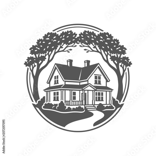 Classic real estate house logo with trees.