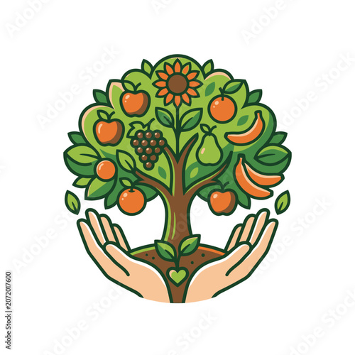 Hands holding fruit tree nature logo.