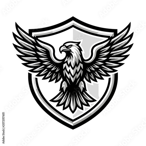 Majestic eagle on white shield crest.