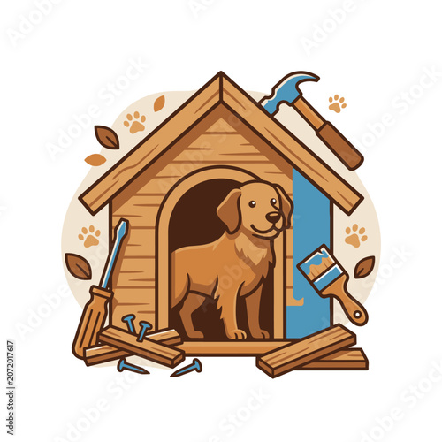 Dog sitting in wooden kennel with construction tools.