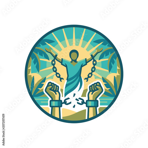 Person breaking chains in tropical circular emblem.
