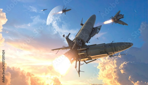 Futuristic Bombers Launching in Sky with Large Rocket