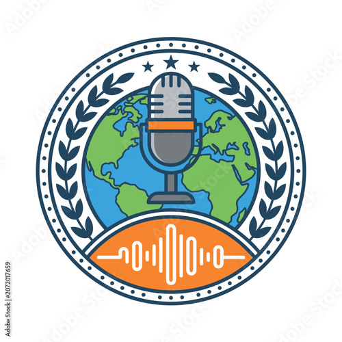 Global podcast logo with microphone and world map