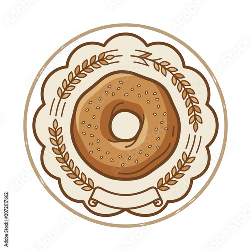Glazed donut on plate with wheat stalk border.
